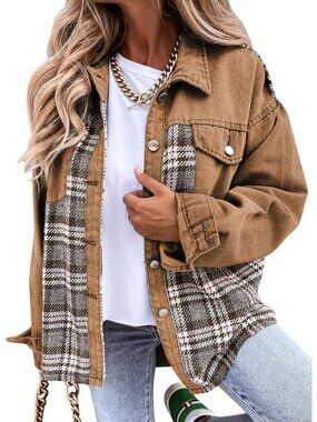 Women's Khaki Denim Jacket Casual Long Sleeve Button Down Plaid With Pockets